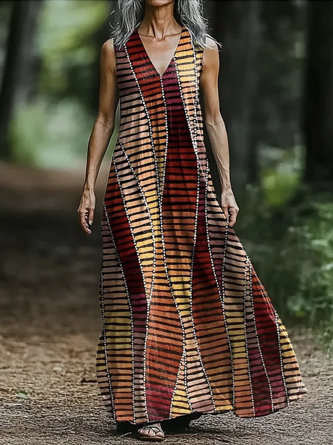 Femmes Géométrique Brun Col V Confortable Robe Maxi Décontracté