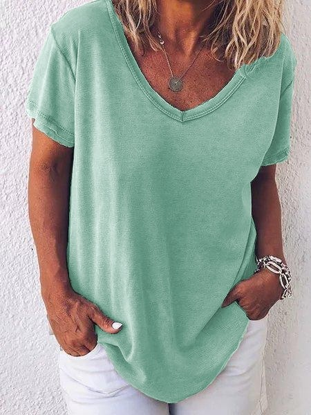 T-shirts Décontracté Plain Été Col V Jersey Manches Courtes Droit Régulier T.-N.-L. pour Femmes