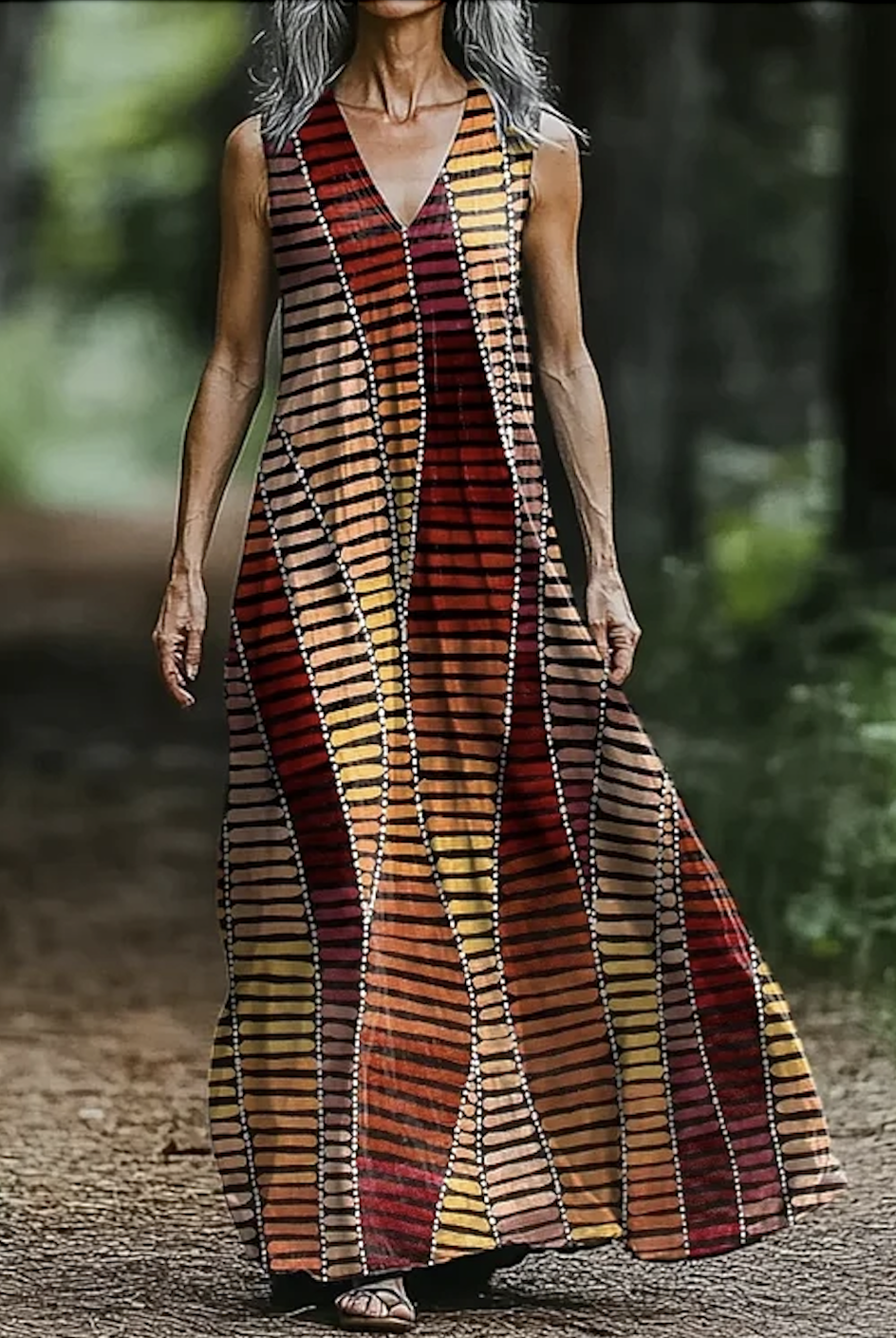 Femmes Géométrique Brun Col V Confortable Robe Maxi Décontracté
