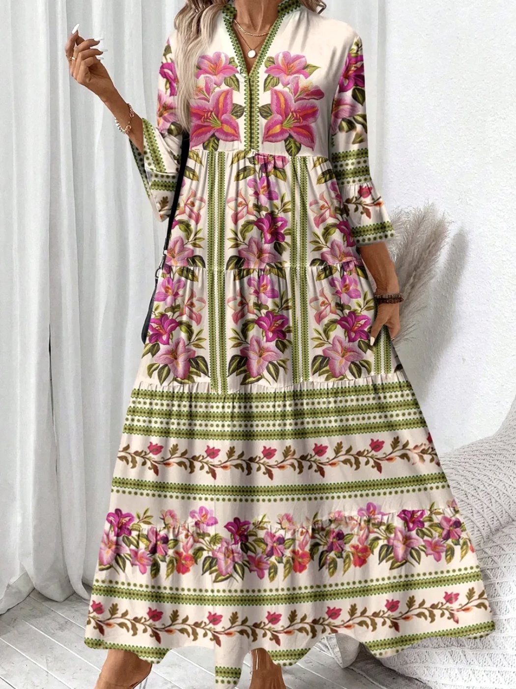 Femmes Floral Abricot Col V Confortable Robe Maxi Décontracté