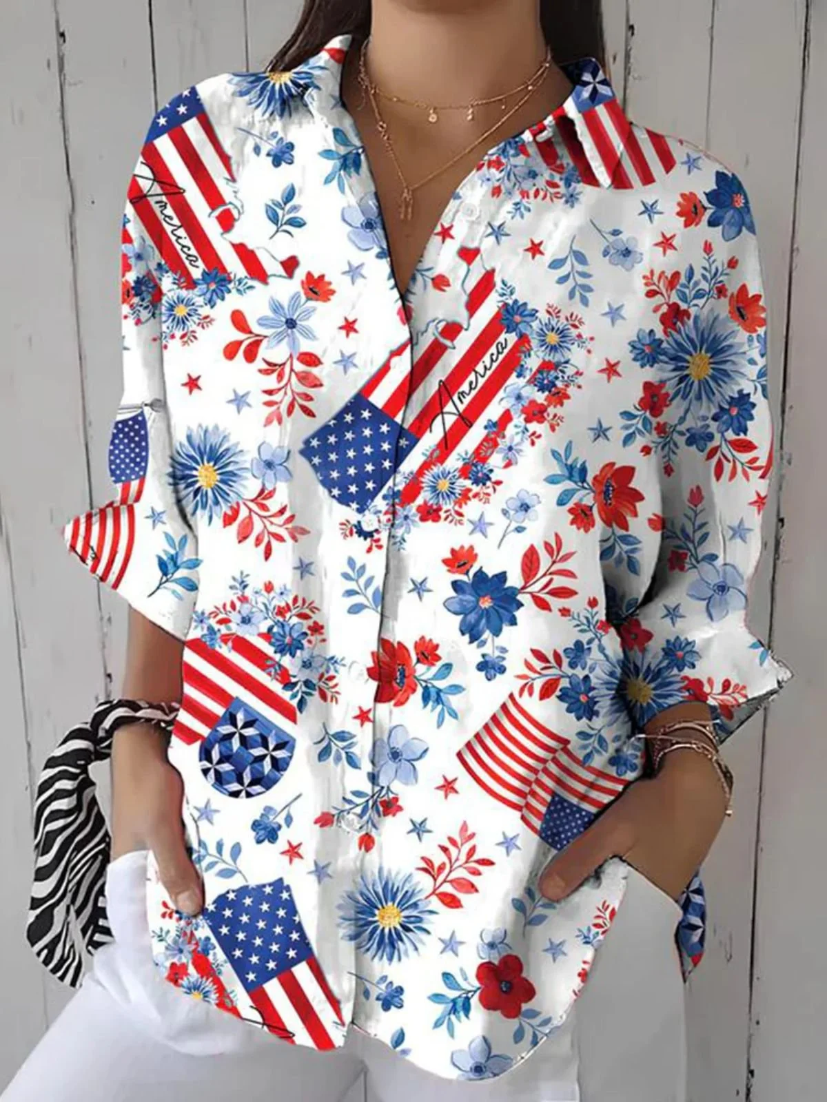 Chemises Décontracté Printemps / Automne Drapeau des États-Unis Coton Micro-élasticité Vacances Coupe Régulière Manches Longues Régulier pour Femmes
