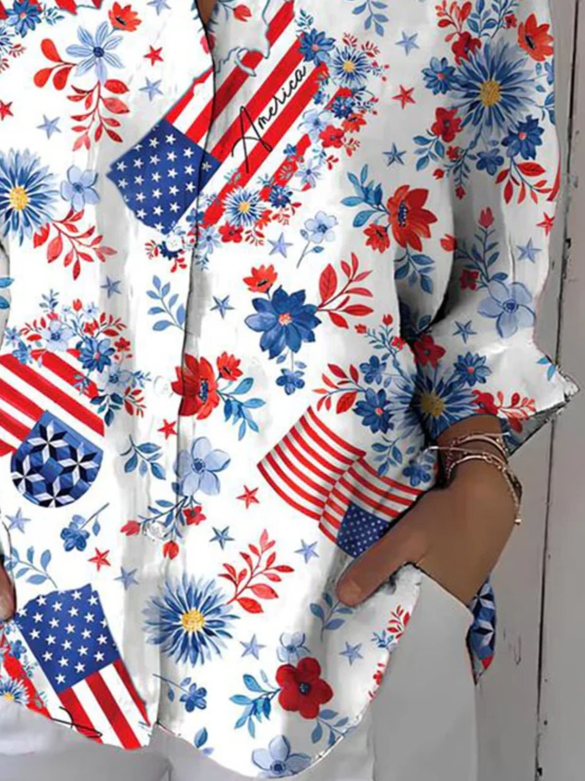 Chemises Décontracté Printemps / Automne Drapeau des États-Unis Coton Micro-élasticité Vacances Coupe Régulière Manches Longues Régulier pour Femmes