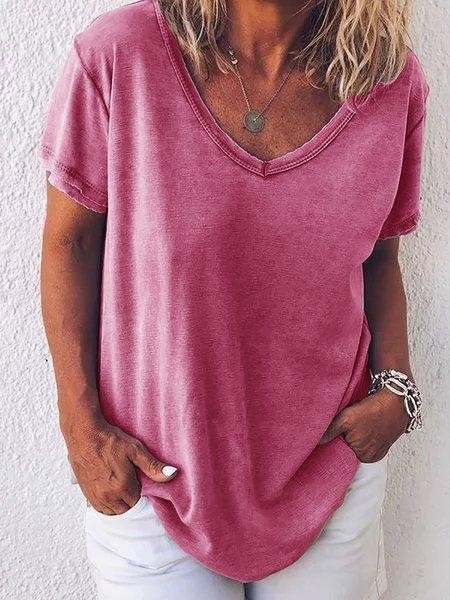 T-shirts Décontracté Plain Été Col V Jersey Manches Courtes Droit Régulier T.-N.-L. pour Femmes