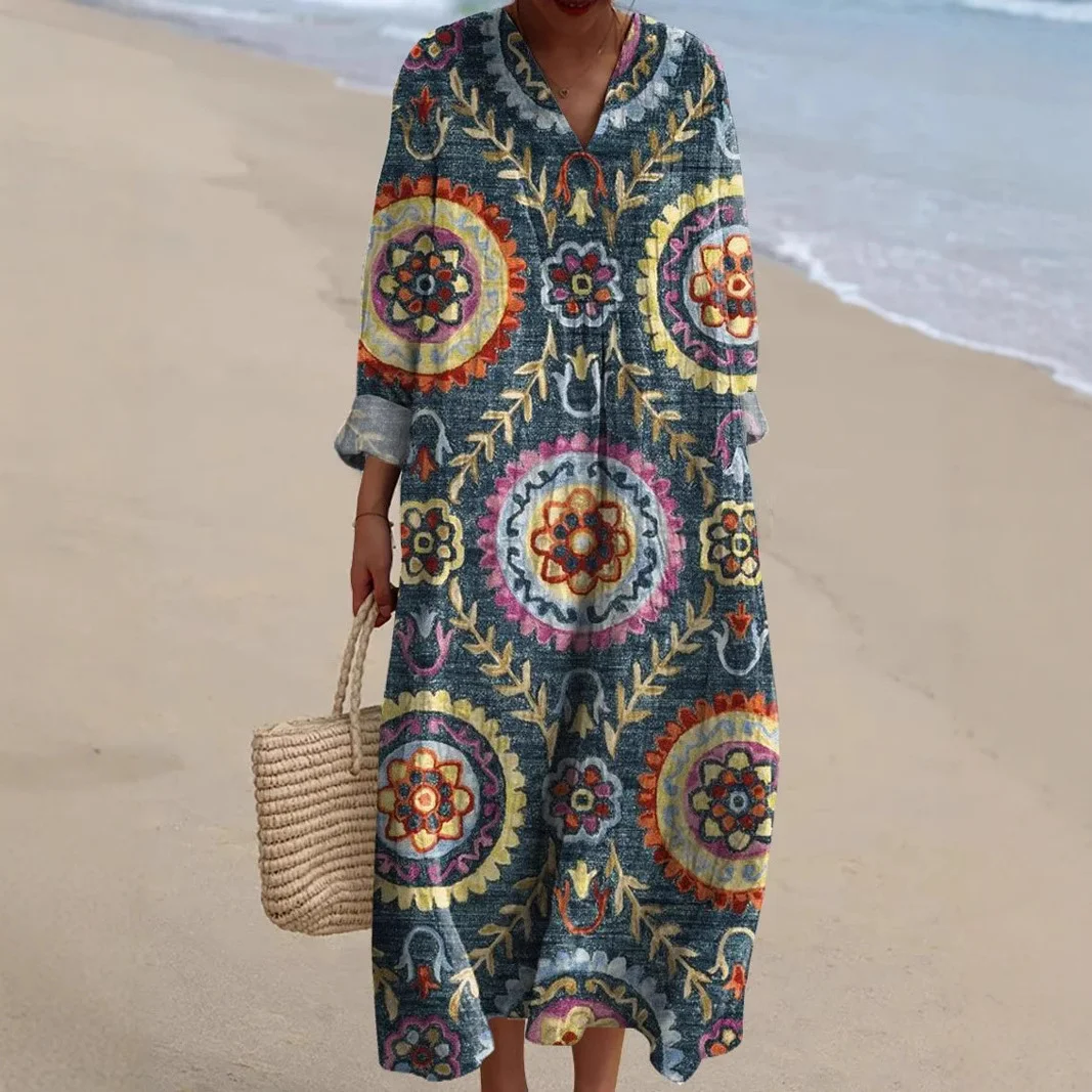 Femmes Floral Bleu Marine Col V Confortable Robe Maxi Décontracté