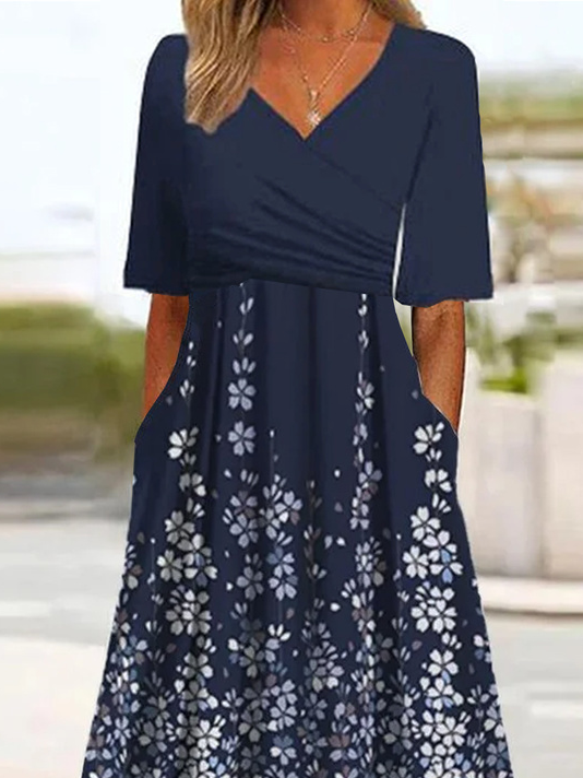 Femmes Ombre Bleu Col V Confortable Robe Maxi Rétro