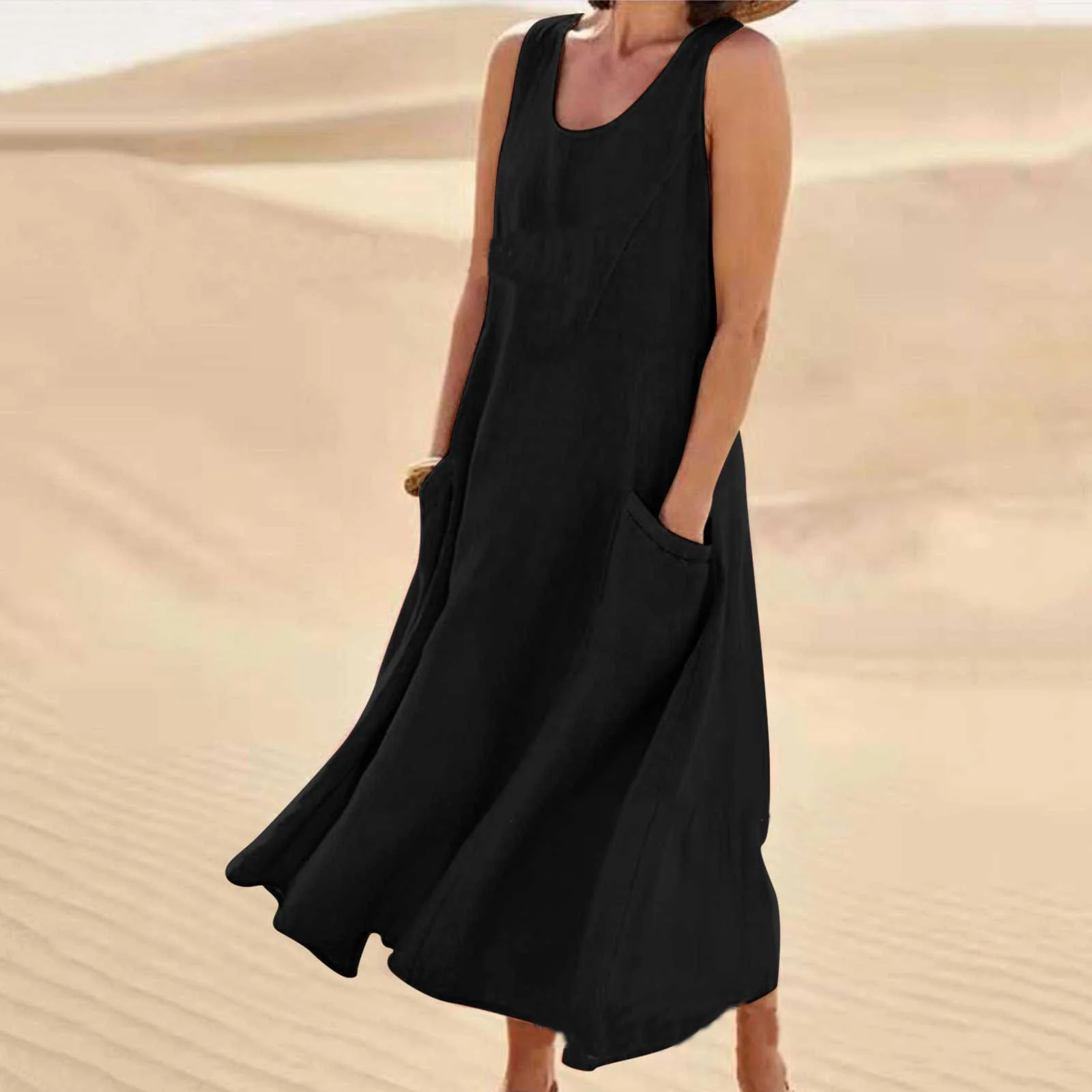 Femmes Plain Blanc Col Rond Confortable Joint Fendu Robe Maxi Décontracté