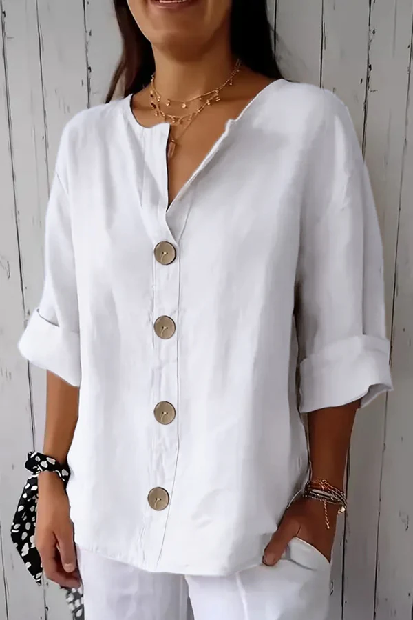Blouses Femmes Simple Plain Printemps / Automne Coton Ample Manches trois quarts Col Châle Régulier Régulier