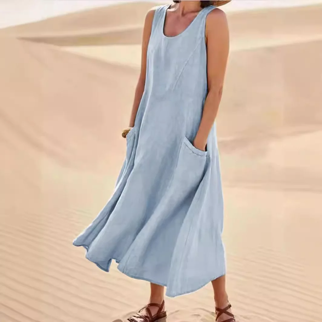 Femmes Plain Blanc Col Rond Confortable Joint Fendu Robe Maxi Décontracté