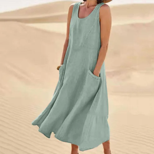 Femmes Plain Blanc Col Rond Confortable Joint Fendu Robe Maxi Décontracté