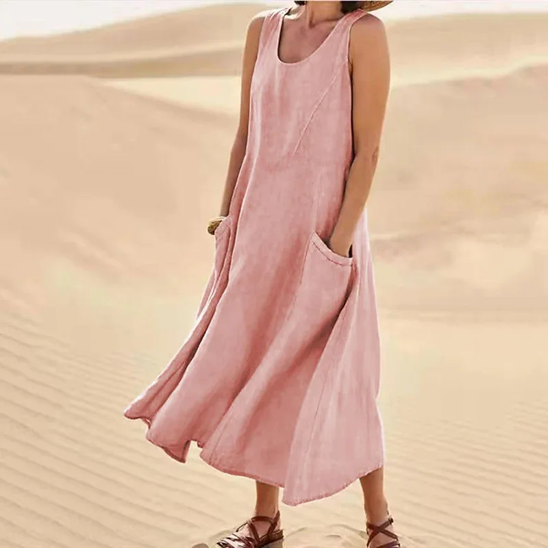 Femmes Plain Blanc Col Rond Confortable Joint Fendu Robe Maxi Décontracté
