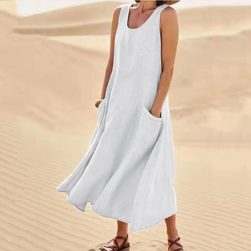 Femmes Plain Blanc Col Rond Confortable Joint Fendu Robe Maxi Décontracté