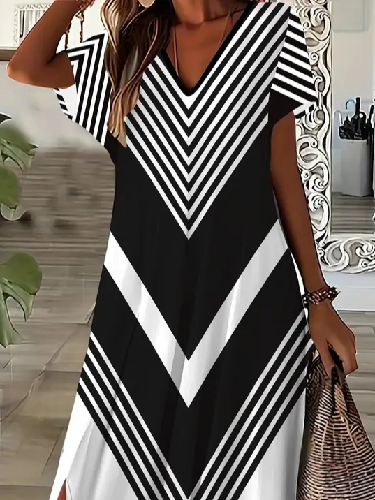 Femmes Géométrique Noir Col V Confortable Imprimé Robe Maxi Décontracté