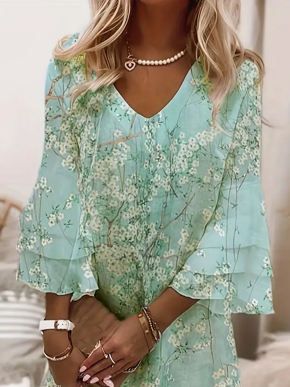 Femmes Floral Vert Col V Confortable Imprimé Robe Maxi Décontracté