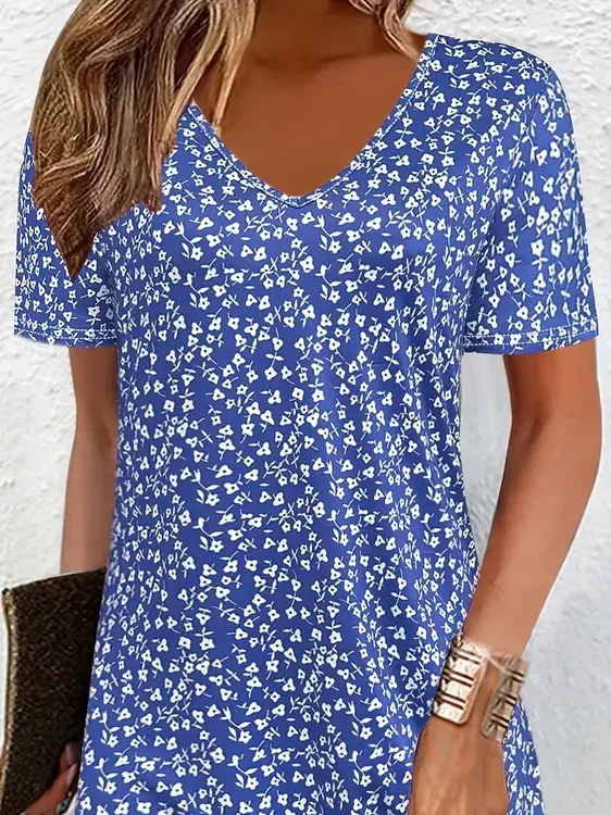 Femmes Floral Bleu Col V Confortable Imprimé Robe Mi-Longue Décontracté