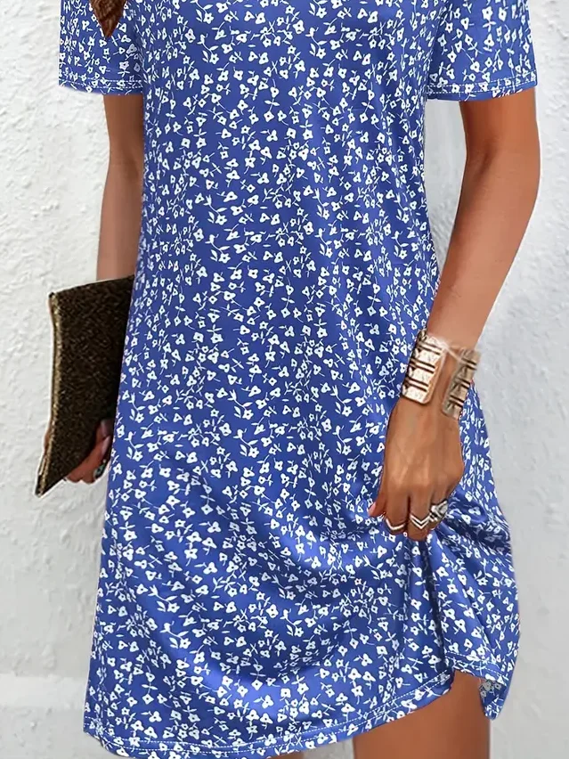 Femmes Floral Bleu Col V Confortable Imprimé Robe Mi-Longue Décontracté