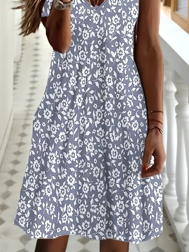 Femmes Floral Gris Col V Confortable Imprimé Robe Mi-Longue Décontracté