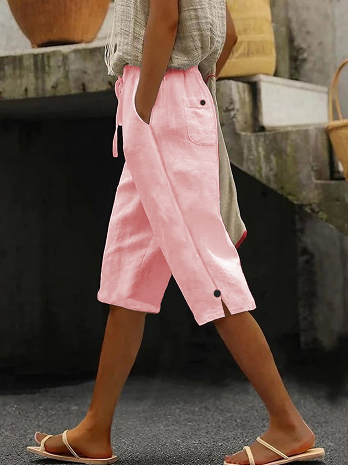 Pantalons Décontracté Plain Été Polyester Léger Aucune élasticité Ample Pantalon droit Droit pour Femmes