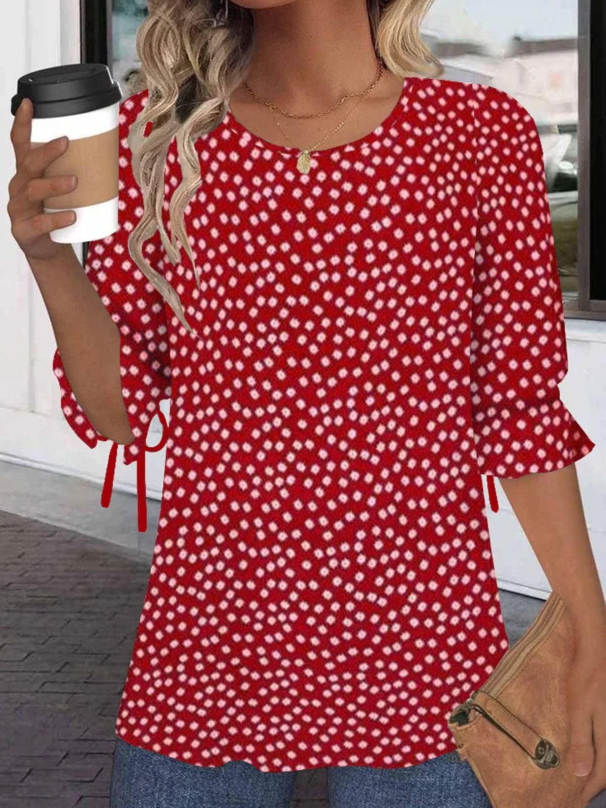 Blouses Rue Floral Été Manche Ballon Micro-élasticité Coupe Régulière Demi Manche Col Rond Régulier pour Femmes
