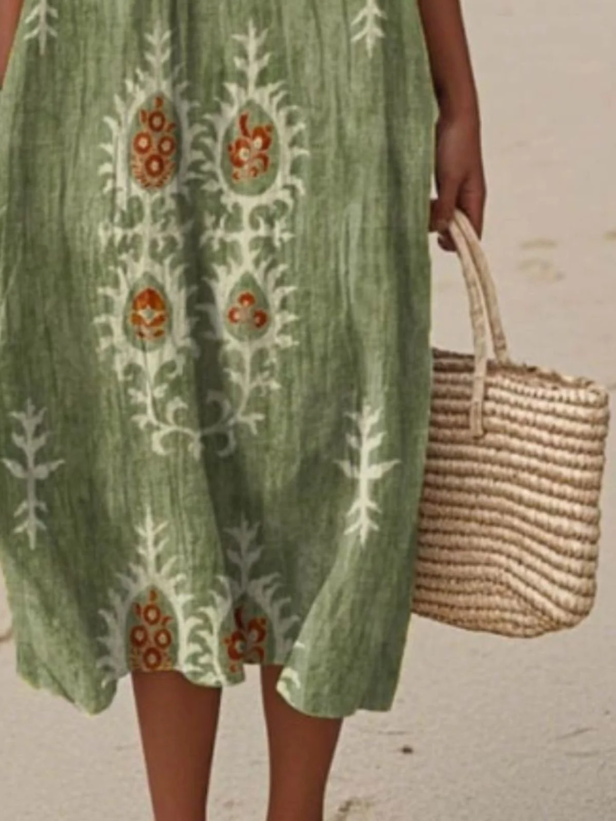 Femmes Ethnique Vert Col Rond Confortable Robe Maxi Décontracté