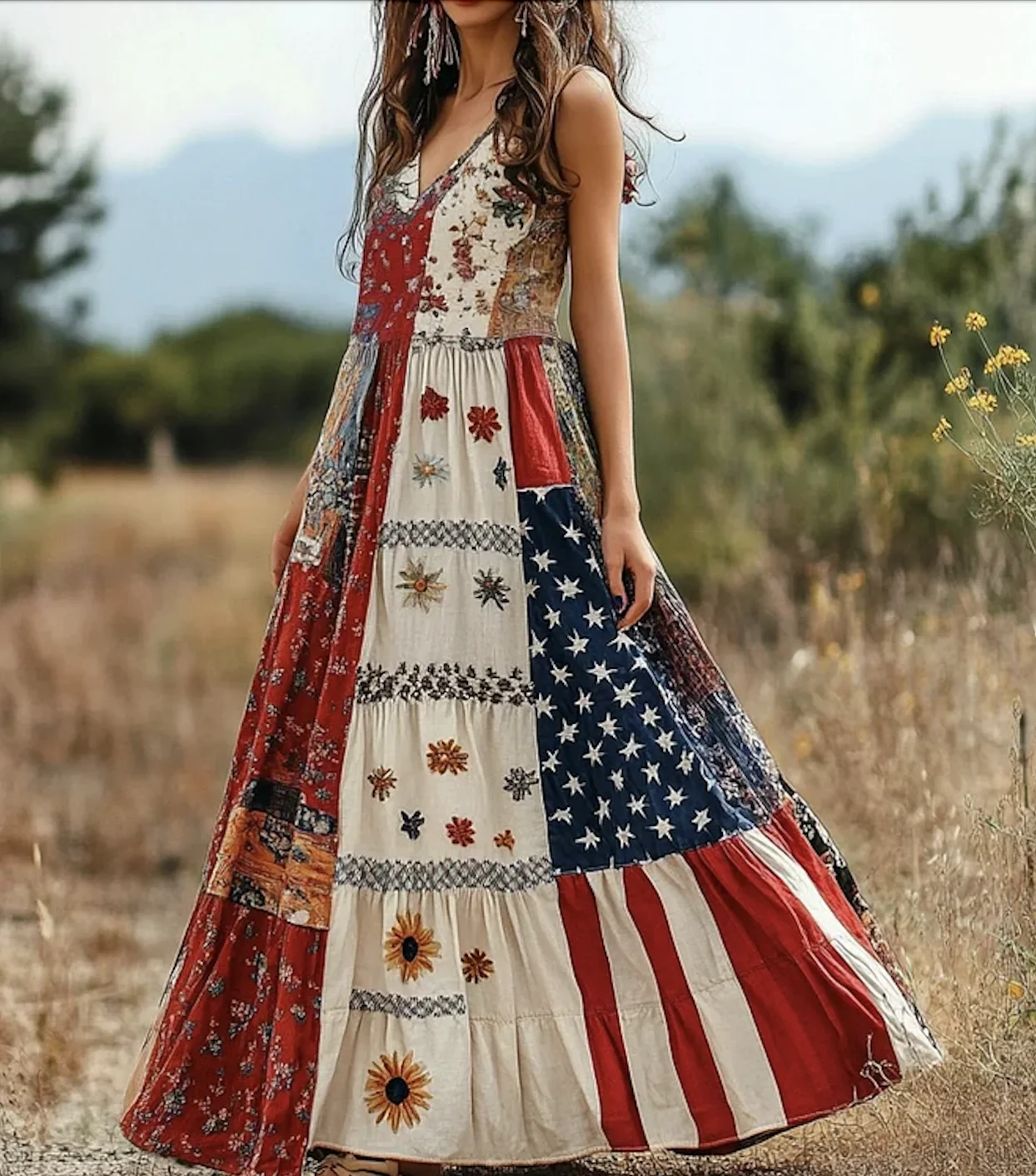 Femmes Floral Rouge Col V Confortable Robe Maxi Décontracté