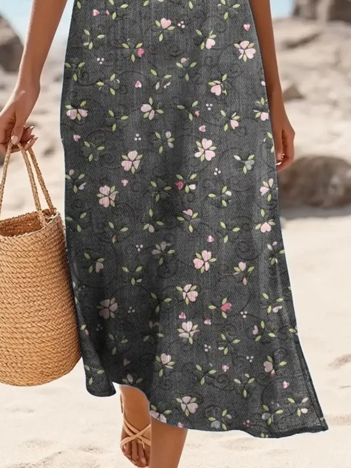 Femmes Floral Noir Col Rond Confortable Robe Maxi Décontracté