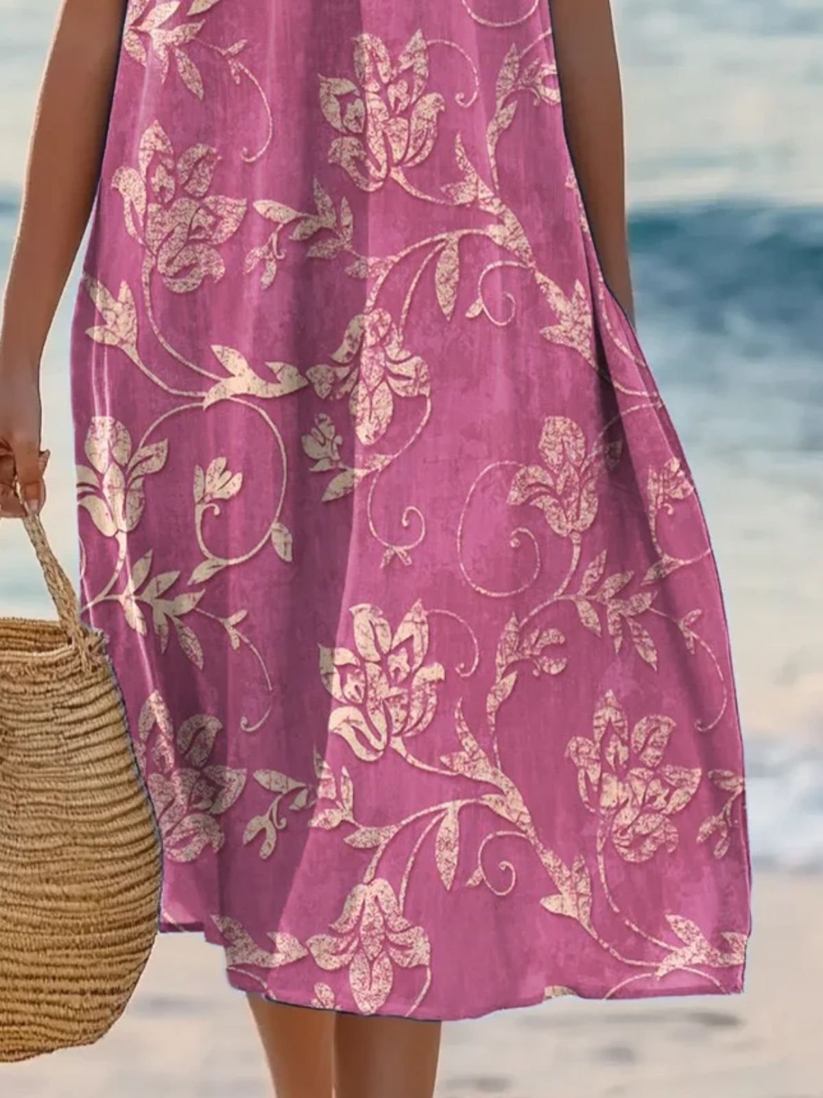 Femmes Feuille Rose Col Rond Confortable Robe Mi-Longue Décontracté