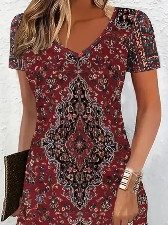 Femmes Floral Cramoisi Col V Confortable Imprimé Robe Mi-Longue Décontracté