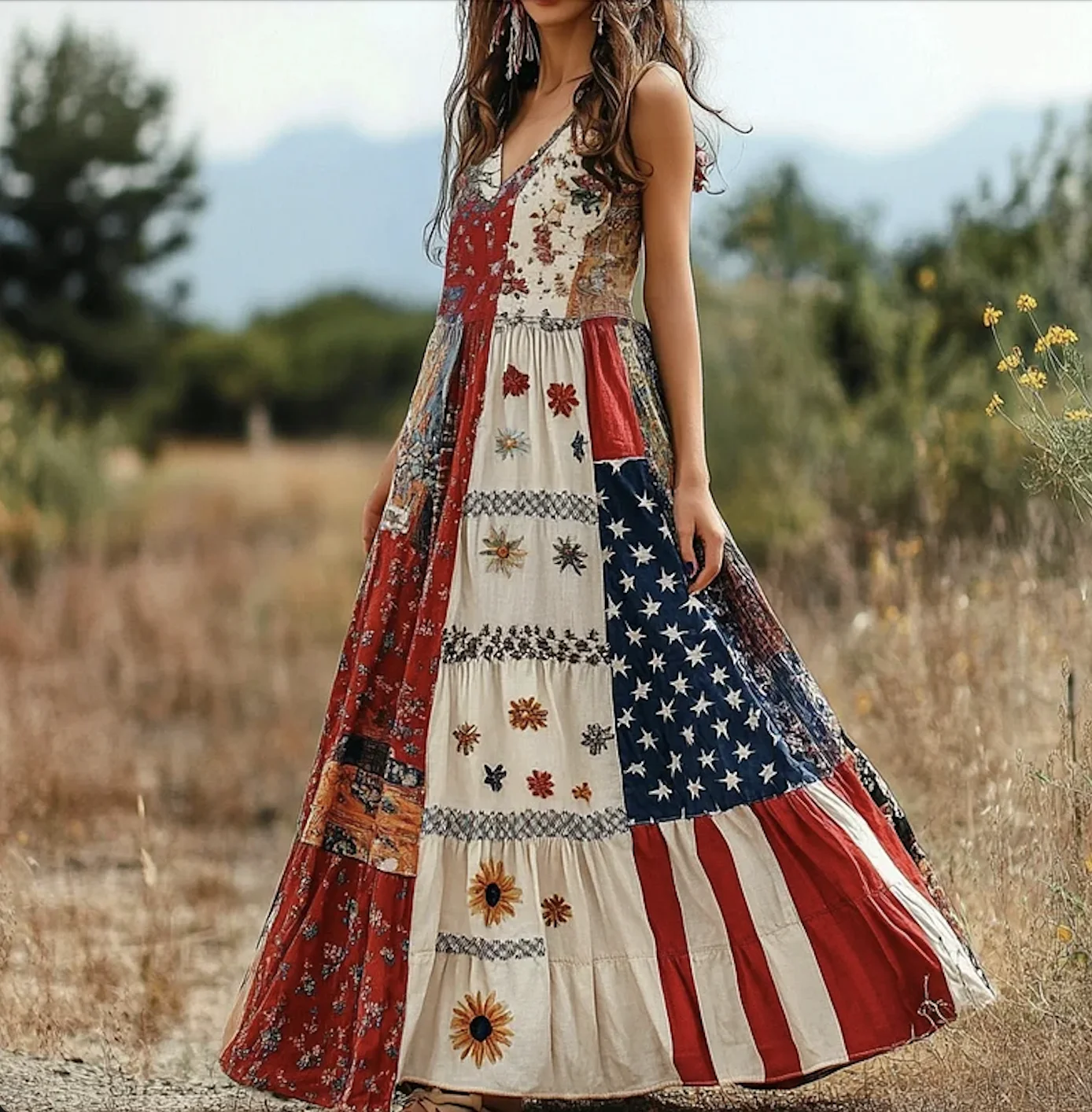 Femmes Floral Rouge Col V Confortable Robe Maxi Décontracté