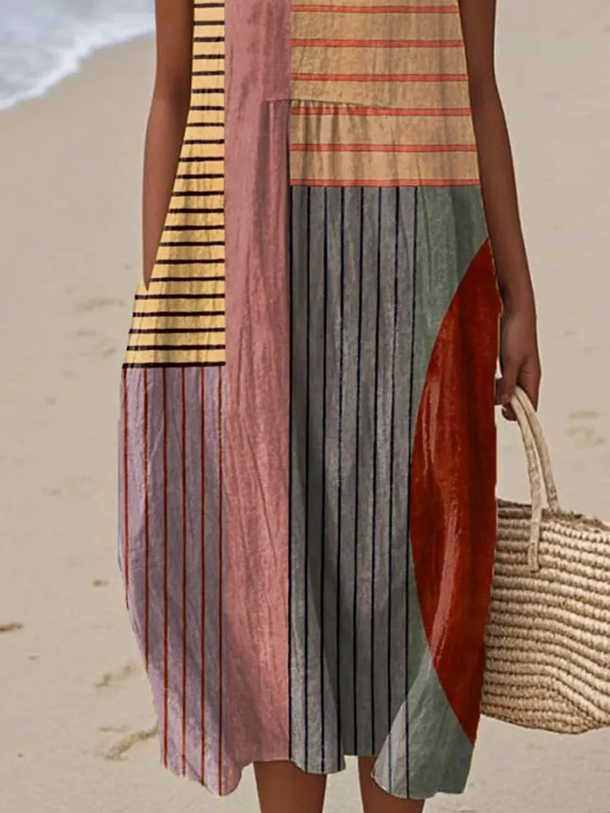 Femmes Rayé Comme Image Col Rond Confortable Robe Maxi Décontracté