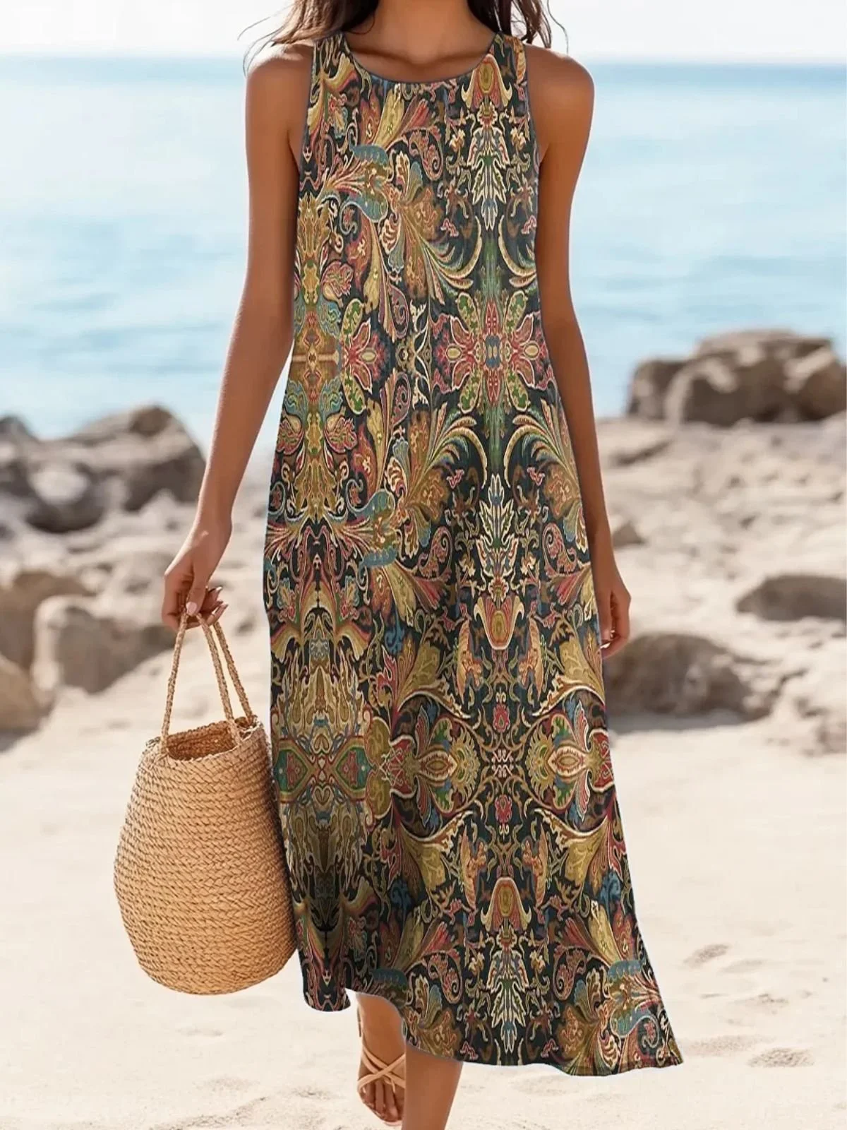 Femmes Floral Brun Col Rond Confortable Robe Maxi Décontracté