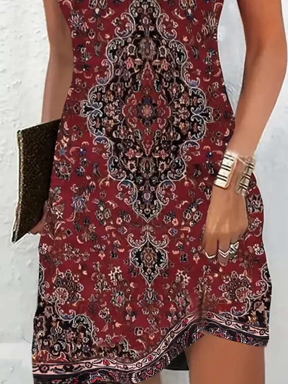 Femmes Floral Cramoisi Col V Confortable Imprimé Robe Mi-Longue Décontracté