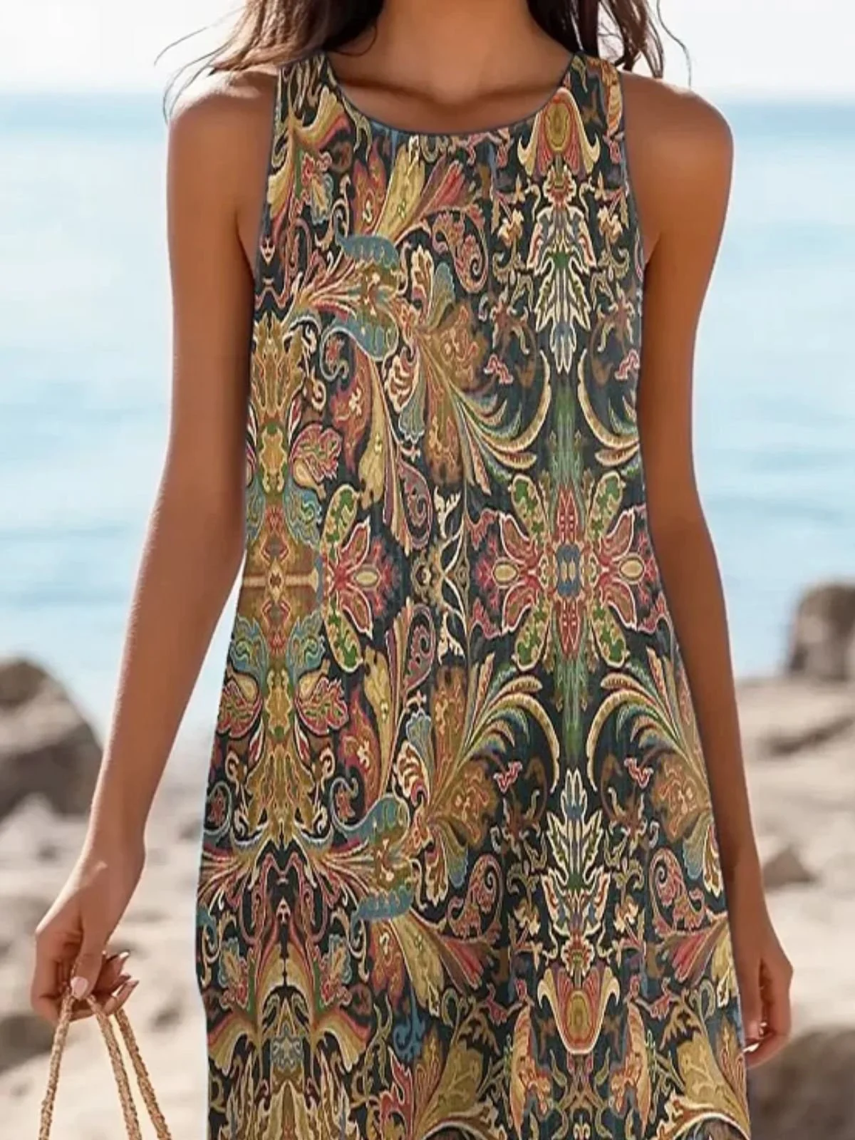 Femmes Floral Brun Col Rond Confortable Robe Maxi Décontracté