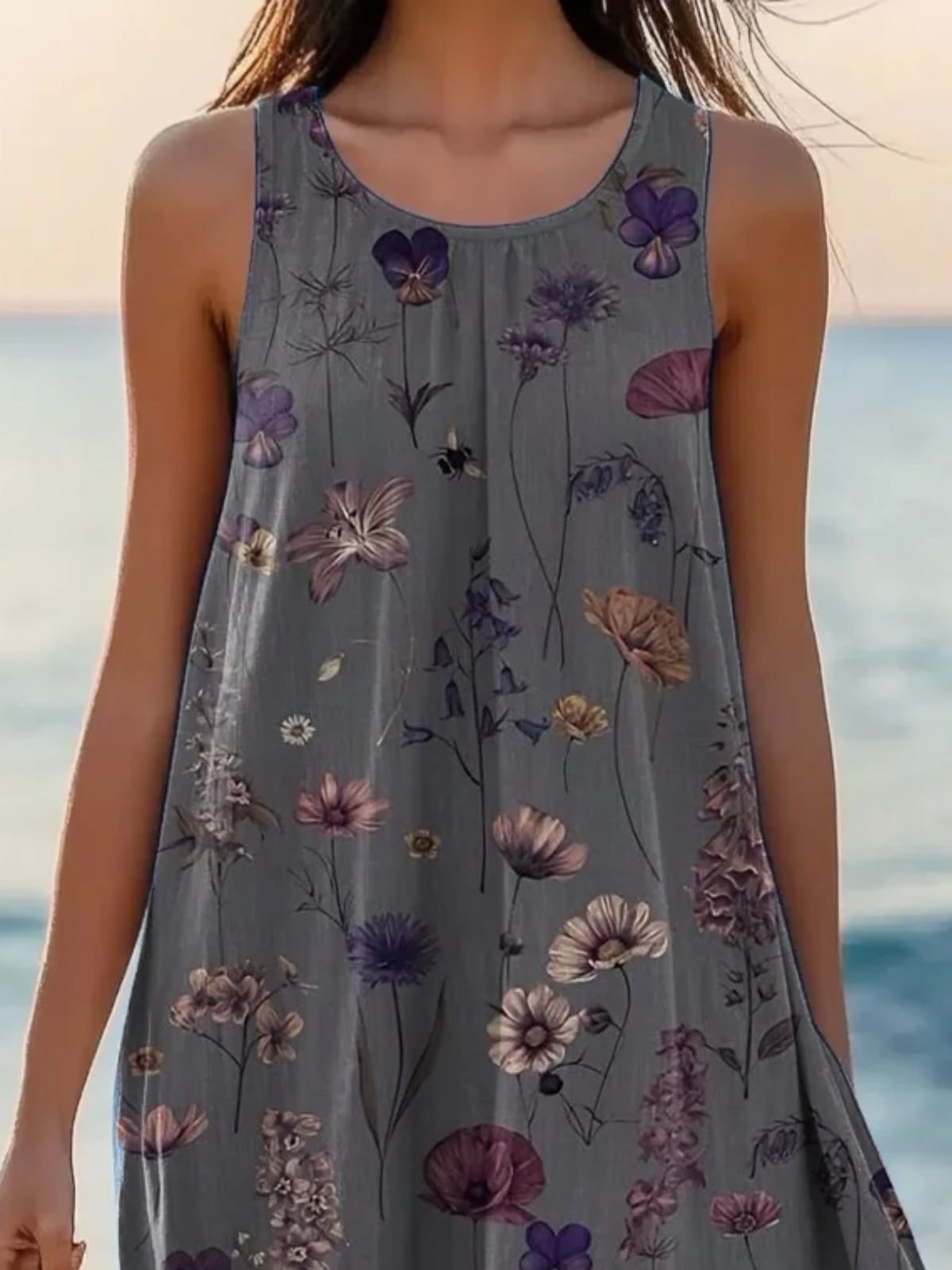 Femmes Floral Noir Col Rond Confortable Robe Mi-Longue Décontracté