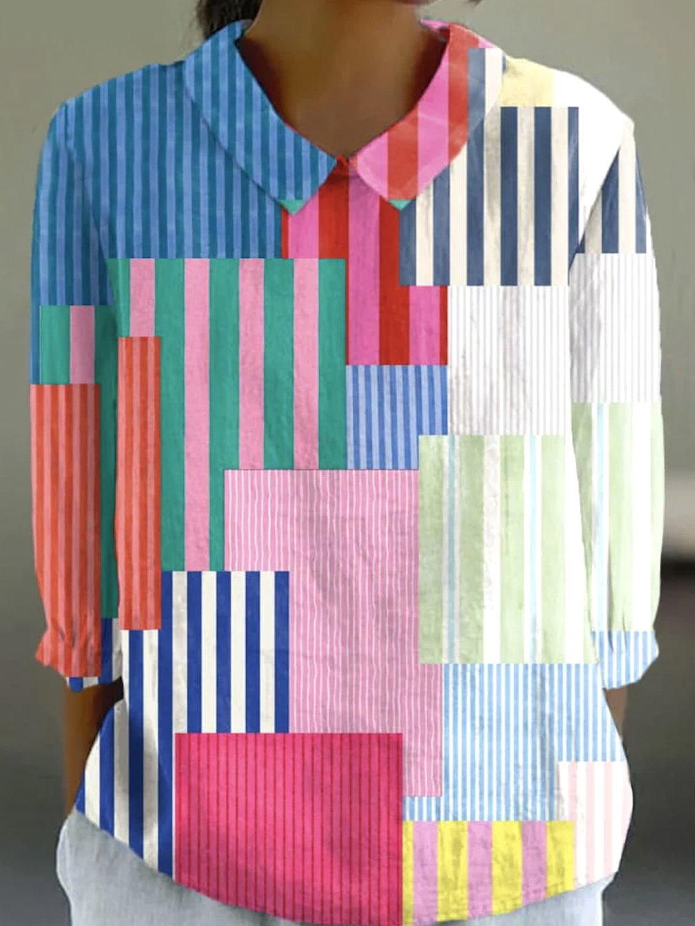 Chemises Femmes Géométrique Décontracté Printemps / Automne en Lin Micro-élasticité Coupe Régulière Manches Longues Régulier Col de Chemise