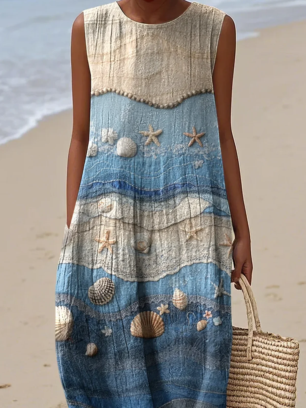 Femmes Chevron Comme Image Col Rond Confortable Robe Maxi Décontracté