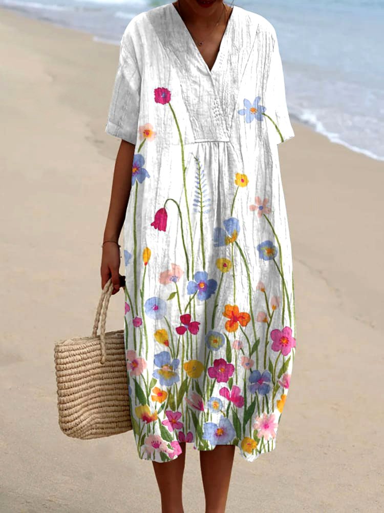 Femmes Floral Blanc Col V Confortable Robe Maxi Décontracté