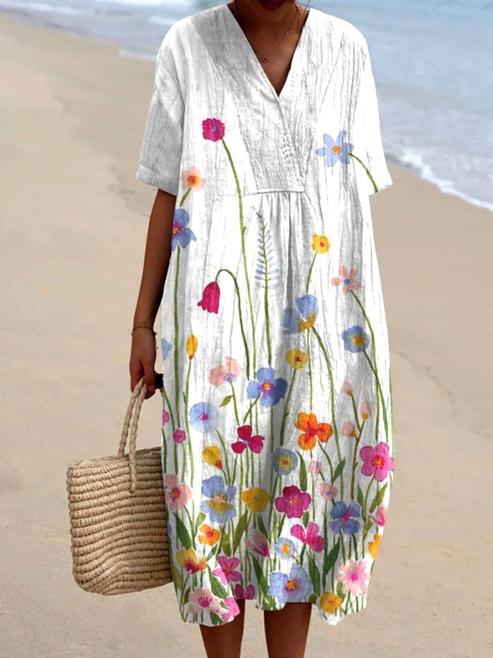 Femmes Floral Blanc Col V Confortable Robe Maxi Décontracté
