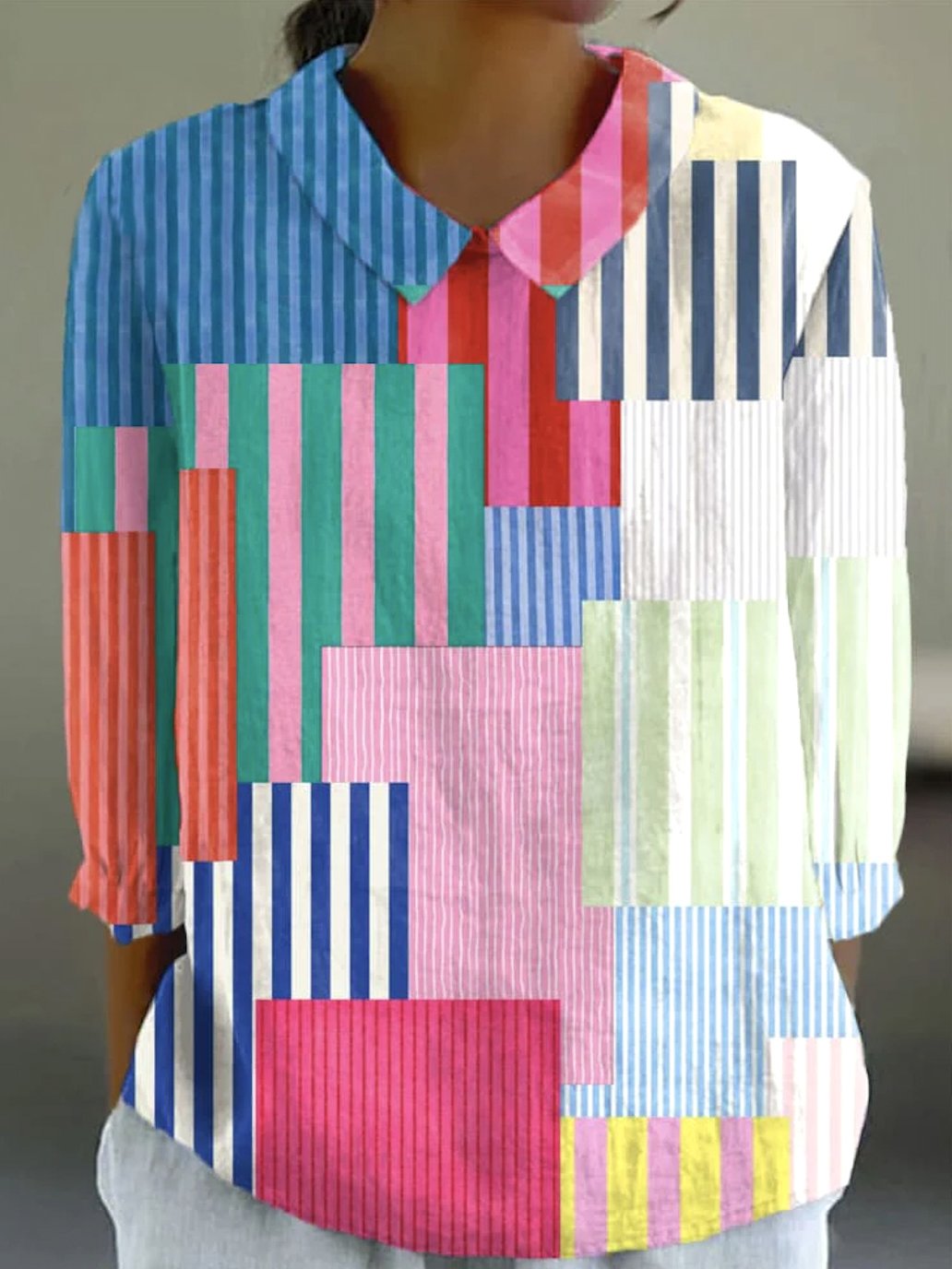 Chemises Femmes Géométrique Décontracté Printemps / Automne en Lin Micro-élasticité Coupe Régulière Manches Longues Régulier Col de Chemise