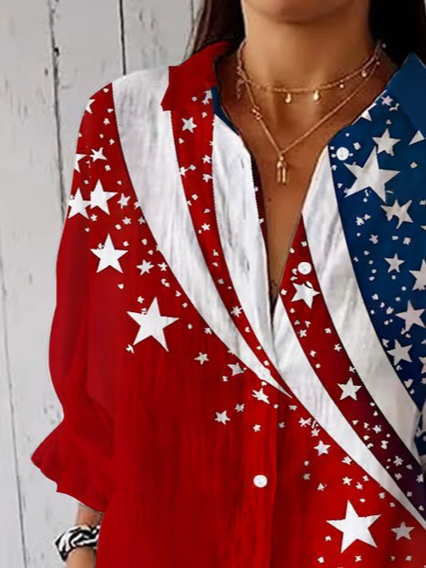 Chemises Décontracté Printemps / Automne Le jour de l'indépendance (Drapeau) Polyester Imprimé Aucune élasticité Manches trois quarts Régulier Col de Chemise pour Femmes