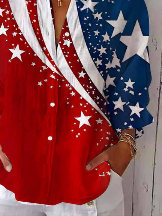Chemises Décontracté Printemps / Automne Le jour de l'indépendance (Drapeau) Polyester Imprimé Aucune élasticité Manches trois quarts Régulier Col de Chemise pour Femmes