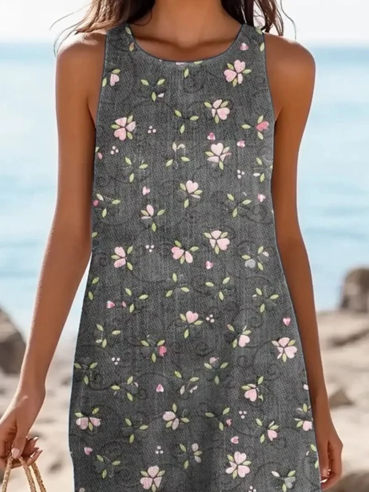 Femmes Floral Noir Col Rond Confortable Robe Maxi Décontracté