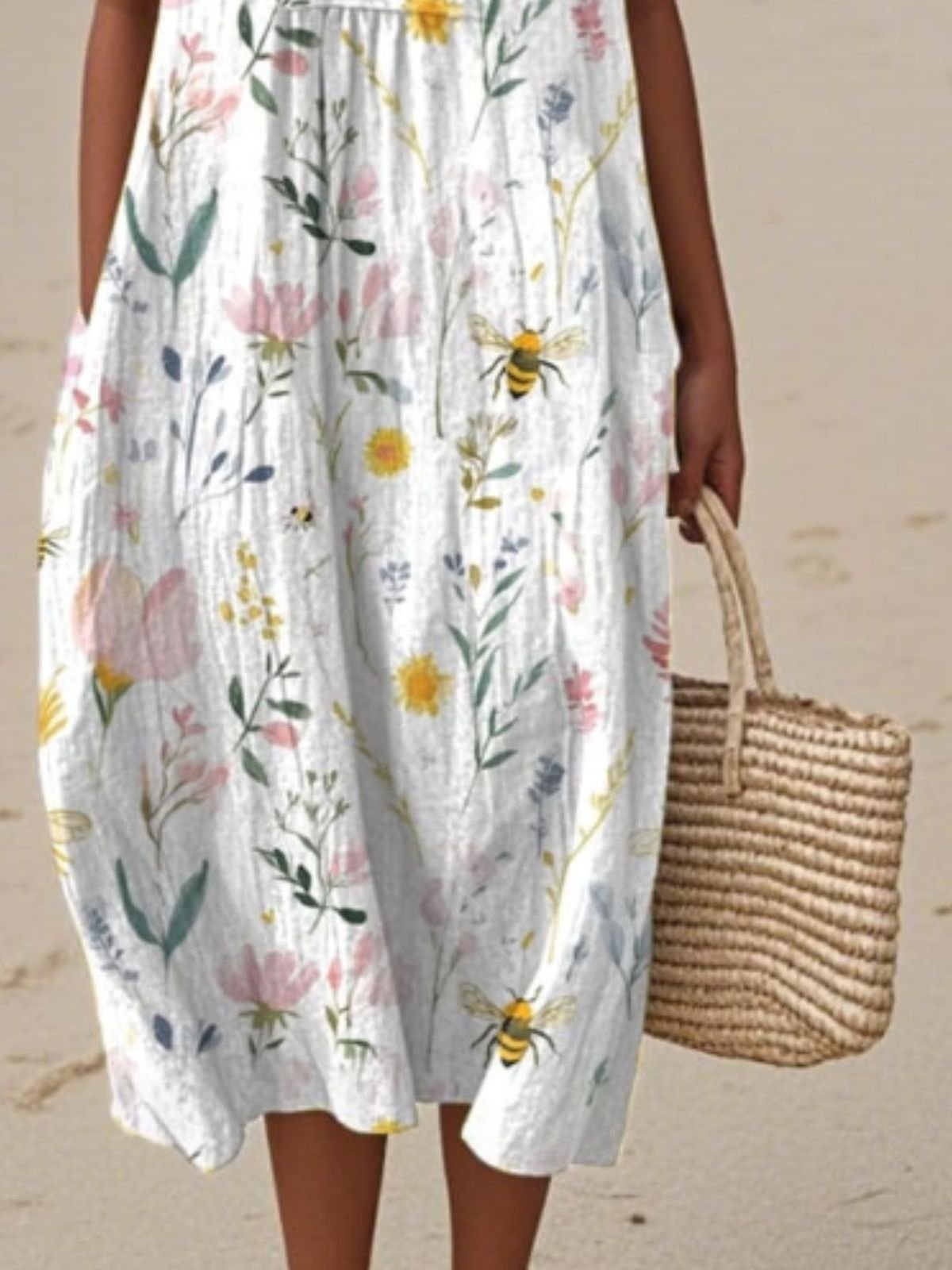 Femmes Floral Blanc Col Rond Confortable Robe Maxi Décontracté