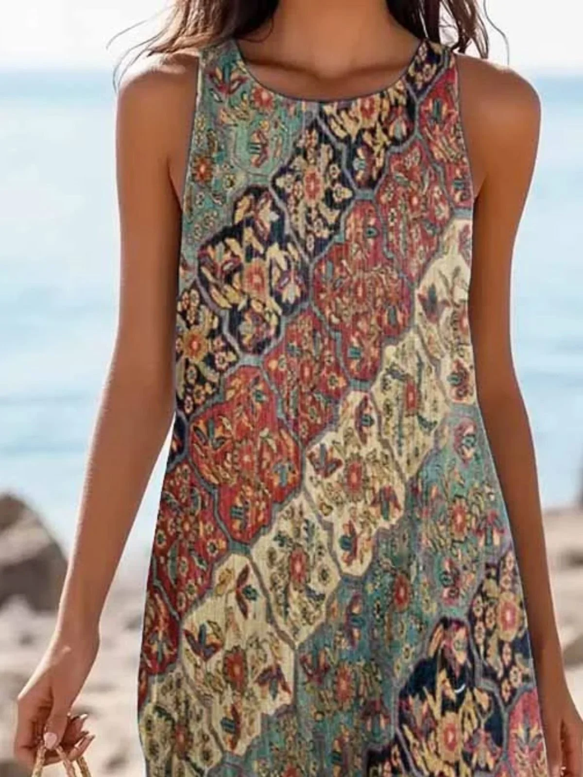 Femmes Floral Brun Col Rond Confortable Robe Maxi Décontracté
