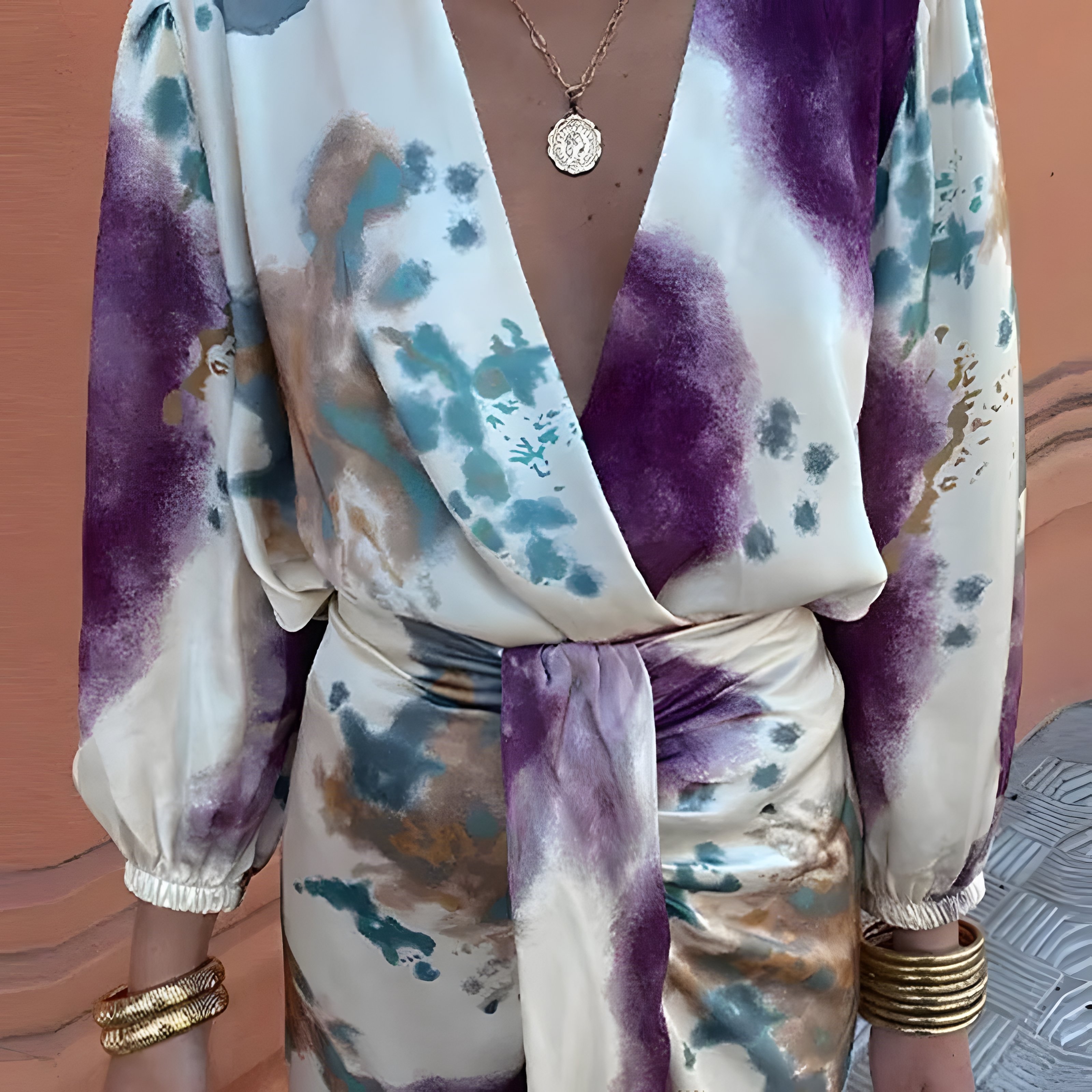 Deux Pièces Ensembles Urbain Impression aléatoire Printemps / Automne Col V Micro-élasticité Fente latérale Coupe Régulière Manches Longues Régulier pour Femmes
