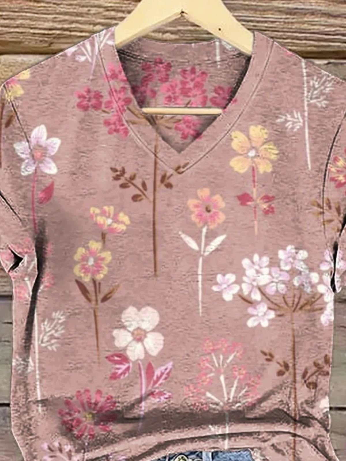 T-shirts Décontracté Floral Été Coton Col V Quotidien Coupe Régulière Manches Courtes Trapèze pour Femmes