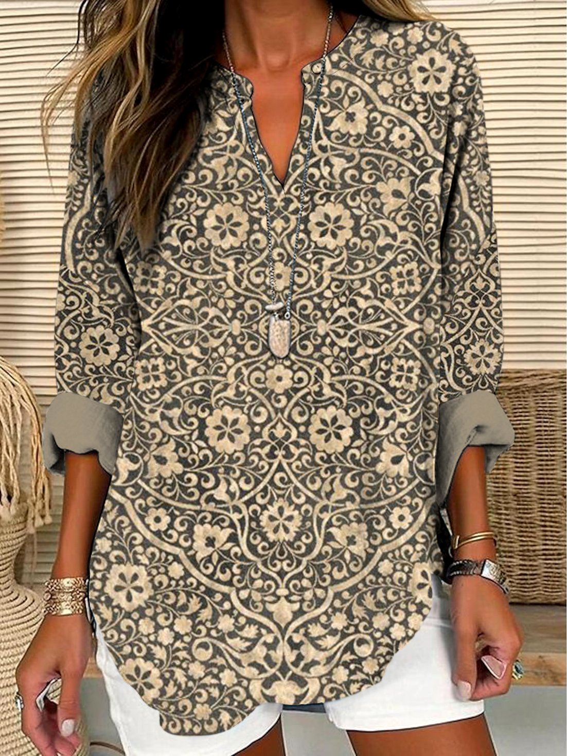 Chemises Géométrique Décontracté Printemps / Automne Polyester Col V Micro-élasticité Coupe Régulière Manches Longues Régulier pour Femmes
