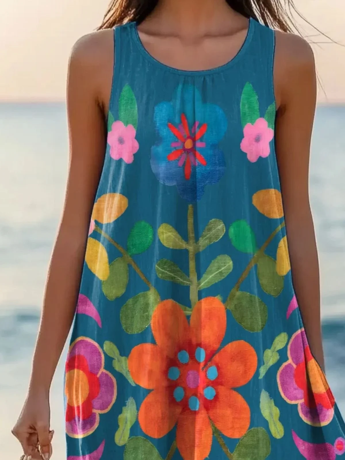 Femmes Floral Bleu Col Rond Confortable Robe Mi-Longue Décontracté