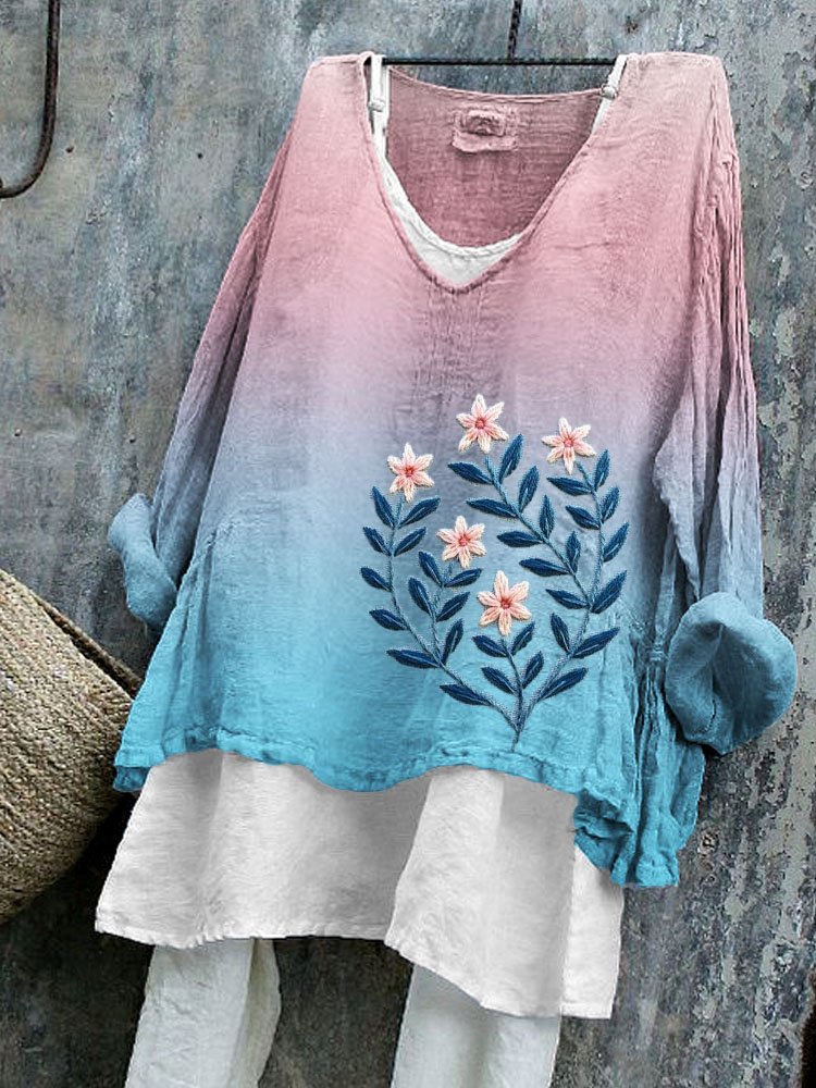 Chemises Femmes Décontracté Floral Printemps / Automne Coton Quotidien Coupe Régulière Manches Longues Trapèze Régulier