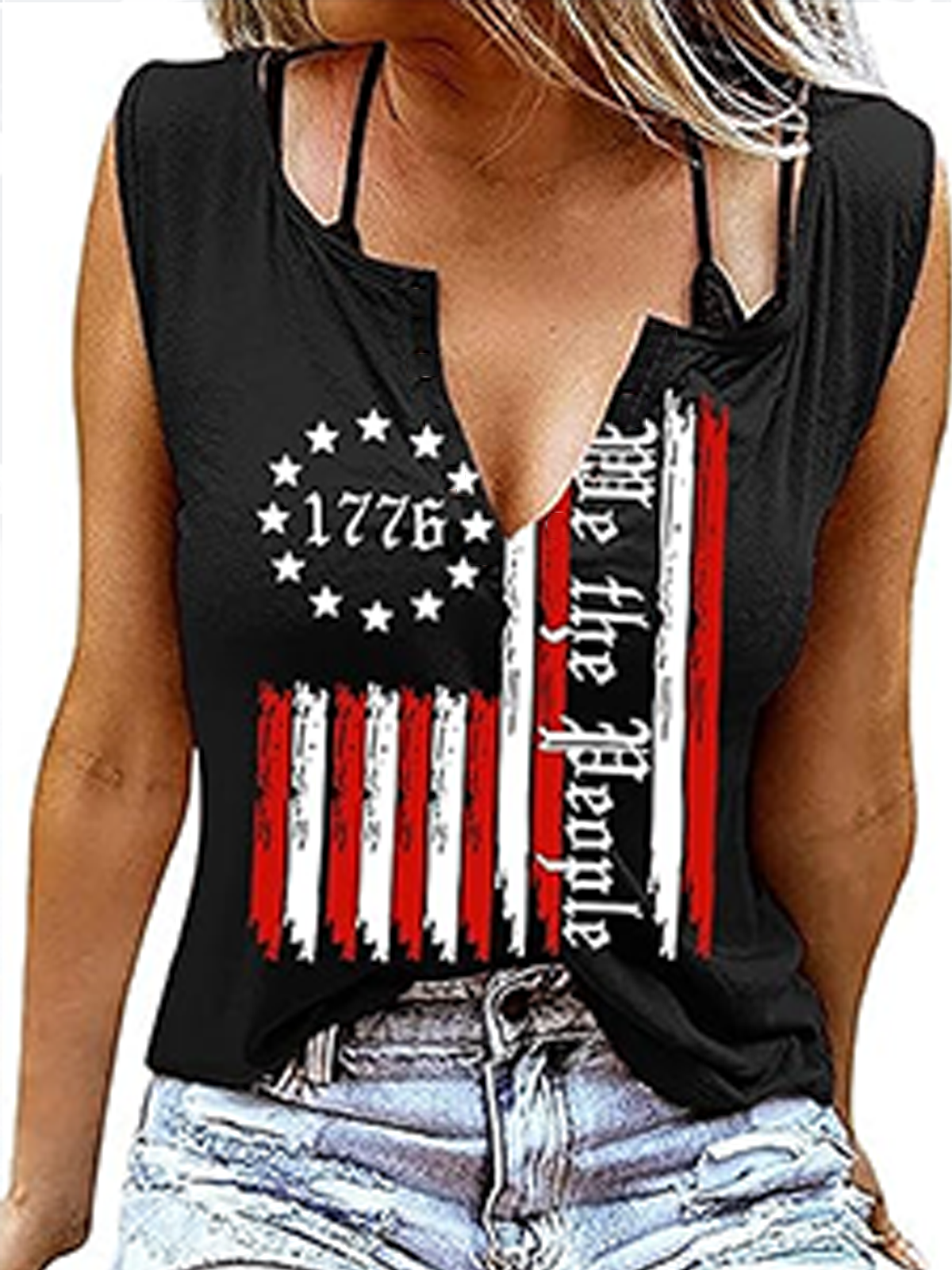 Top Débardeur Tops Décontracté Été Drapeau des États-Unis Coton Micro-élasticité Coupe Régulière Entaillé Régulier Régulier pour Femmes