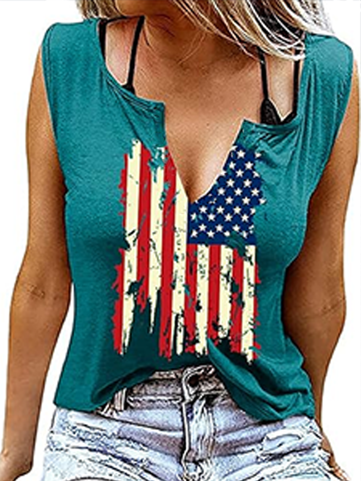Top Débardeur Tops Décontracté Été Drapeau des États-Unis Coton Micro-élasticité Quotidien Sans Manches Entaillé Trapèze pour Femmes